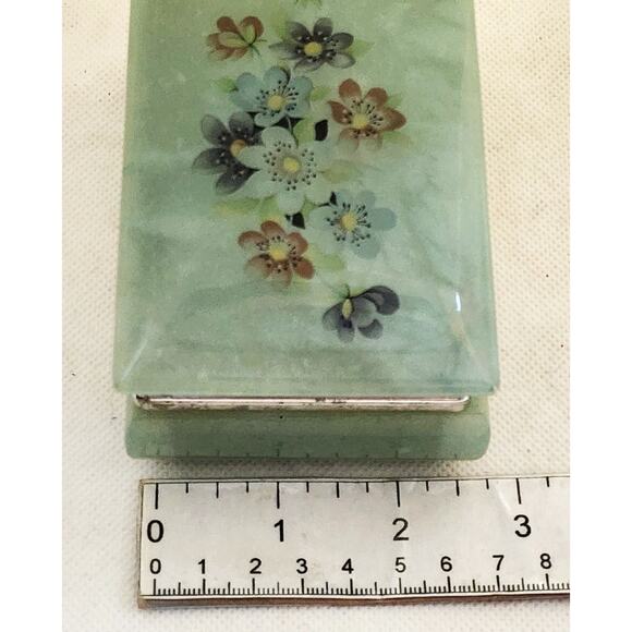 Trinket/Jewelry Box-Alabaster-Green-Flowers-Hinged Edge - Picture 12 of 13